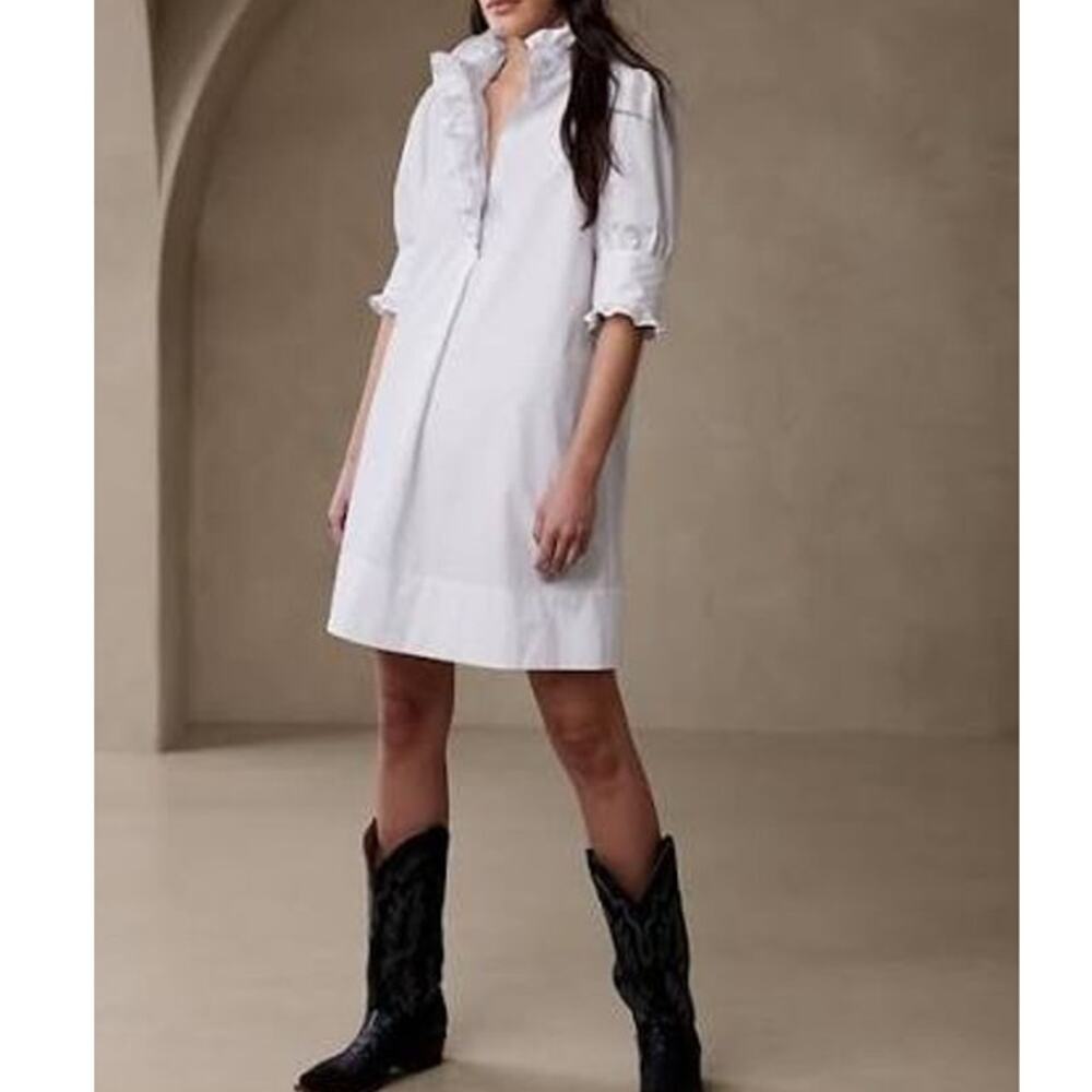 BANANA REPUBLIC Mari Mini Dress White Poplin Ruffle Half Sleeve Women's XS